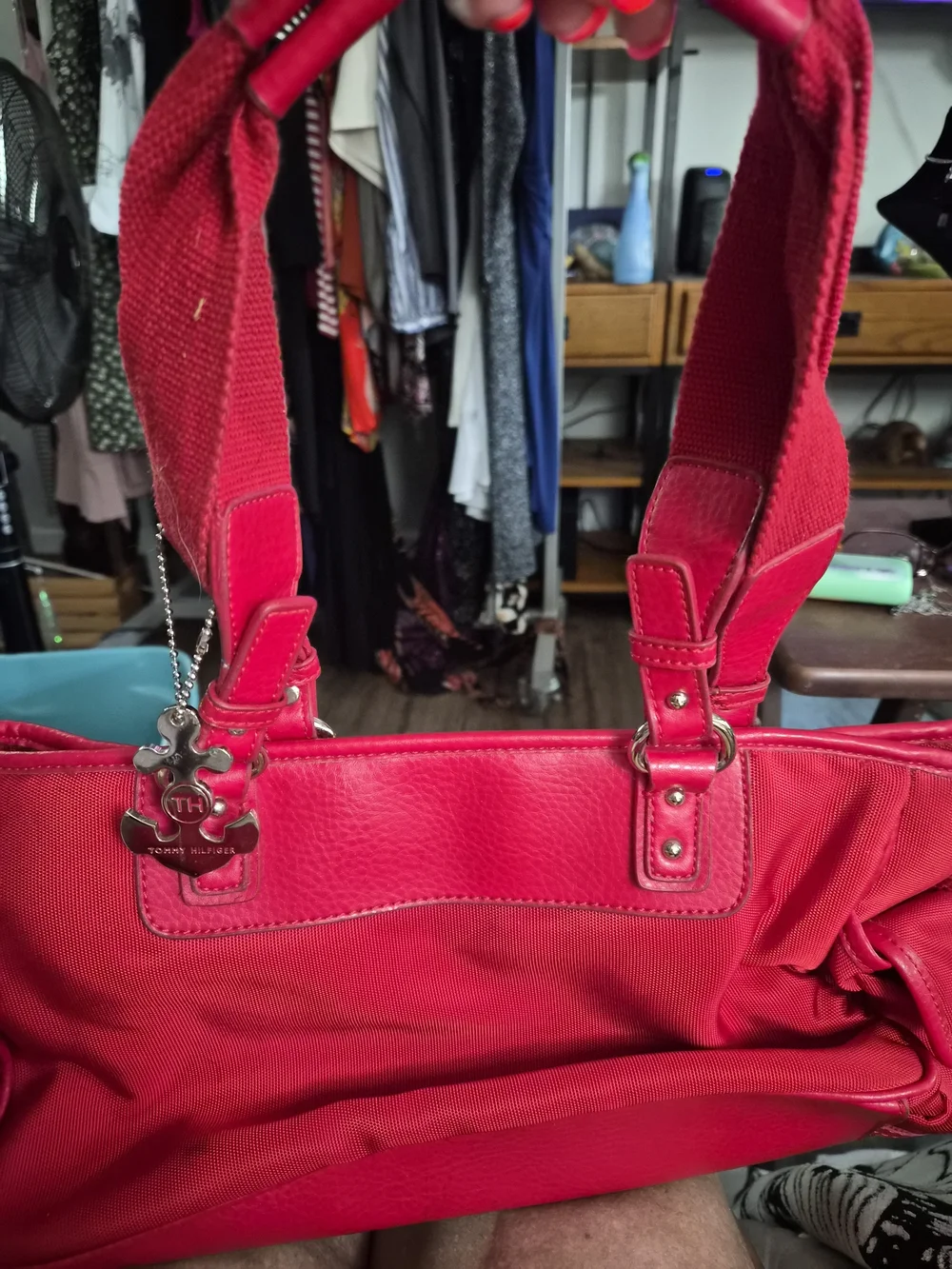 Tommy Hilfiger Bright Red Canvas and Leather Tote with Logo Charm